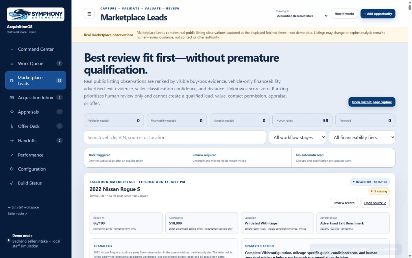 AcquisitionOS Marketplace Leads desktop view showing real public observations ranked for human review